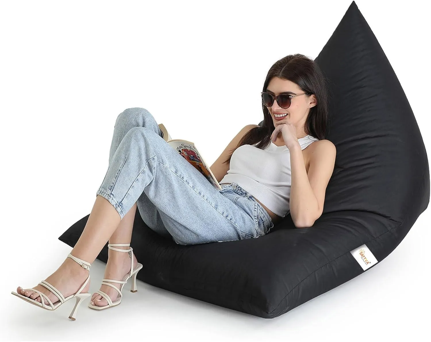 SATTVA 5ft Triangle Bean Bag for Adults - Big Bean Bag Covers Only (No Filling), Love Sack Bean Bag Oversized, All Weather Water Resistant Ultra Soft Zipper, for Dorm & Family Room (Black)