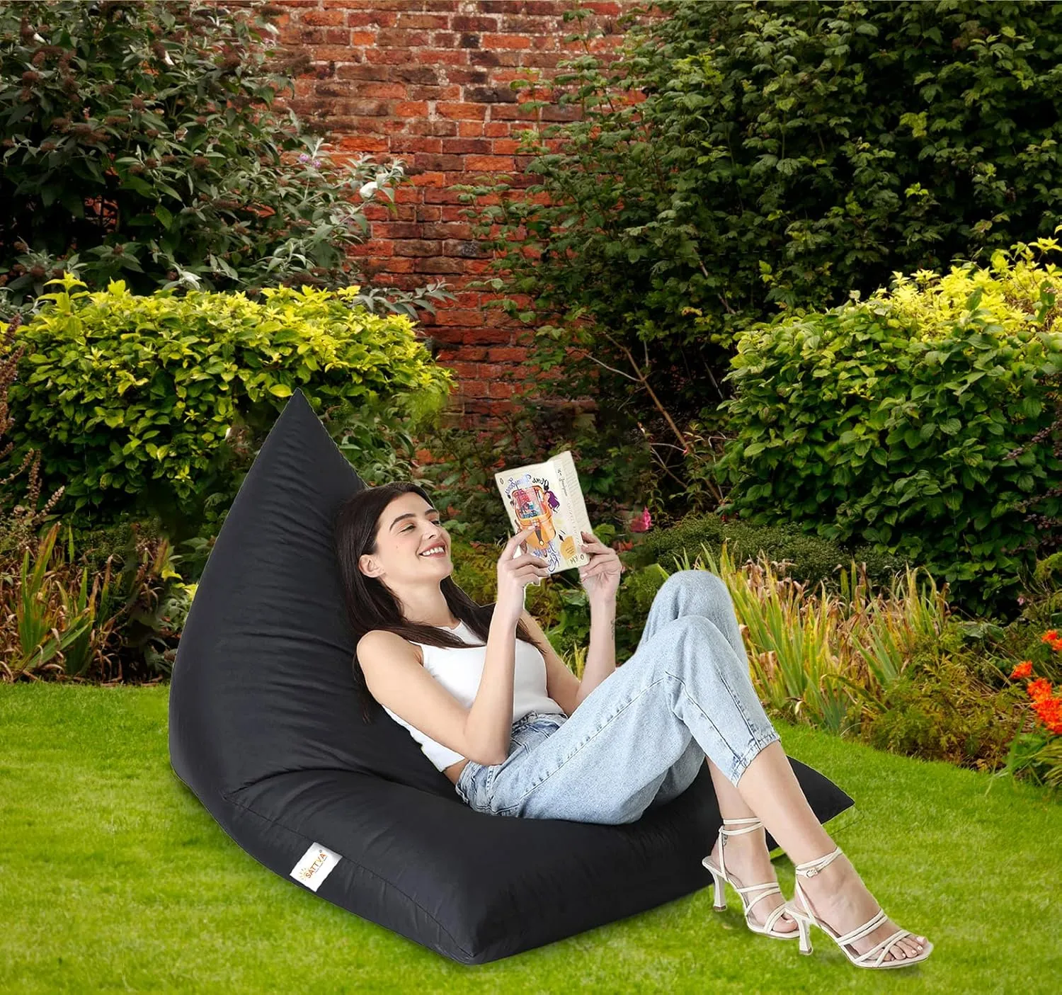 SATTVA 5ft Triangle Bean Bag for Adults - Big Bean Bag Covers Only (No Filling), Love Sack Bean Bag Oversized, All Weather Water Resistant Ultra Soft Zipper, for Dorm & Family Room (Black)