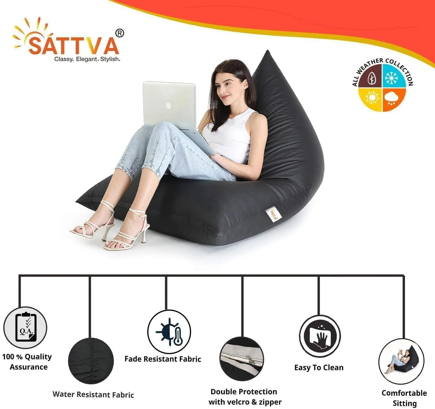 SATTVA 5ft Triangle Bean Bag for Adults - Big Bean Bag Covers Only (No Filling), Love Sack Bean Bag Oversized, All Weather Water Resistant Ultra Soft Zipper, for Dorm & Family Room (Black)