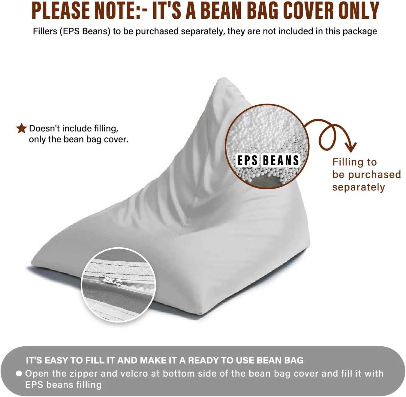 SATTVA 5ft Triangle Bean Bag for Adults - Big Bean Bag Covers Only (No Filling), Love Sack Bean Bag Oversized, All Weather Water Resistant Ultra Soft Zipper, for Dorm & Family Room (Black)
