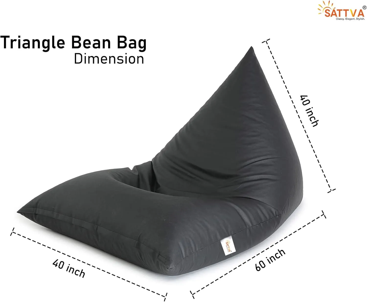 SATTVA 5ft Triangle Bean Bag for Adults - Big Bean Bag Covers Only (No Filling), Love Sack Bean Bag Oversized, All Weather Water Resistant Ultra Soft Zipper, for Dorm & Family Room (Black)