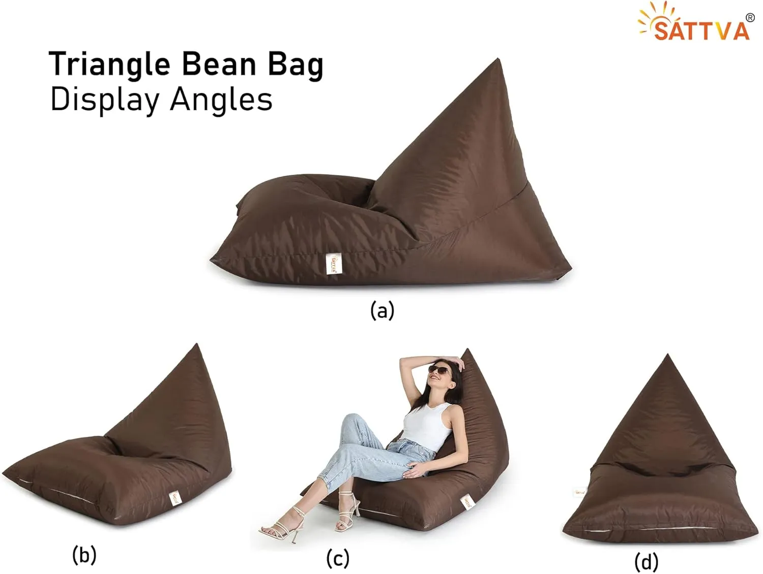 SATTVA 5ft Triangle Bean Bag for Adults - Big Bean Bag Covers Only (No Filling), Love Sack Bean Bag Oversized, All Weather Water Resistant Ultra Soft Zipper, for Dorm & Family Room (Brown)