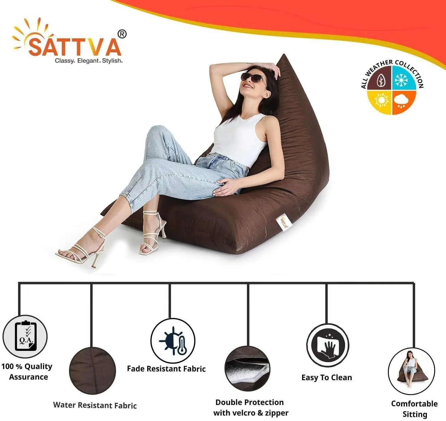 SATTVA 5ft Triangle Bean Bag for Adults - Big Bean Bag Covers Only (No Filling), Love Sack Bean Bag Oversized, All Weather Water Resistant Ultra Soft Zipper, for Dorm & Family Room (Brown)