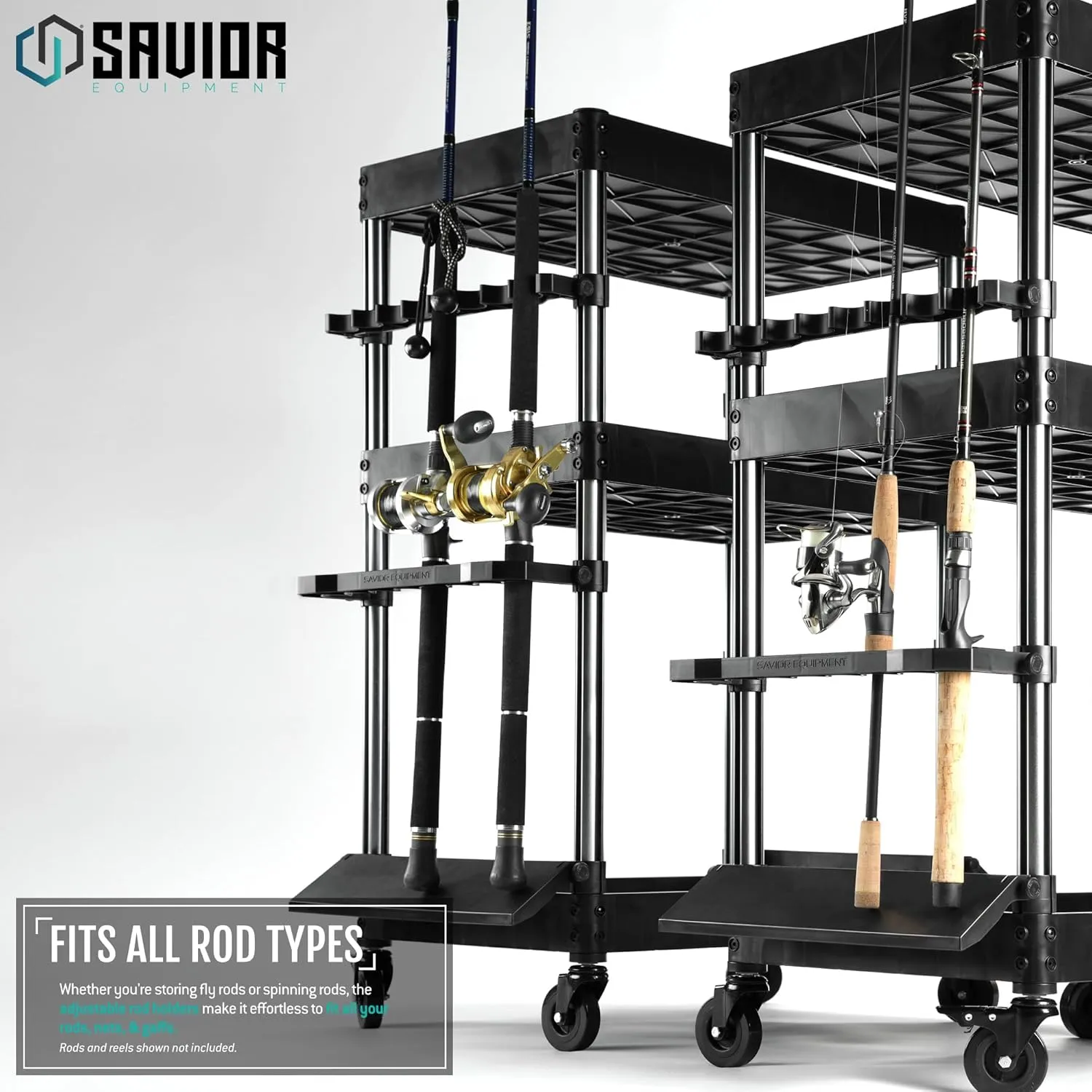 Savior Equipment Mobile Tackle Station 16 Fishing Rod Holder Cart w/Wheels, Adjustable Rack for Different Rod & Reel, 3-Level Fishing Gear Storage Pole Organizer for Garage Home Indoor Use