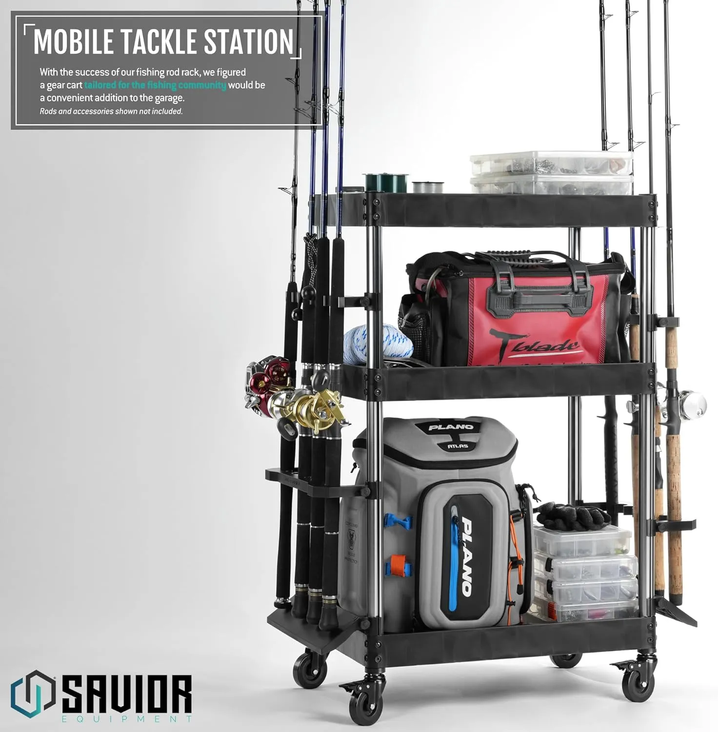 Savior Equipment Mobile Tackle Station 16 Fishing Rod Holder Cart w/Wheels, Adjustable Rack for Different Rod & Reel, 3-Level Fishing Gear Storage Pole Organizer for Garage Home Indoor Use