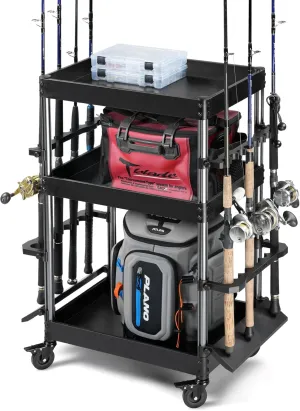Savior Equipment Mobile Tackle Station 16 Fishing Rod Holder Cart w/Wheels, Adjustable Rack for Different Rod & Reel, 3-Level Fishing Gear Storage Pole Organizer for Garage Home Indoor Use