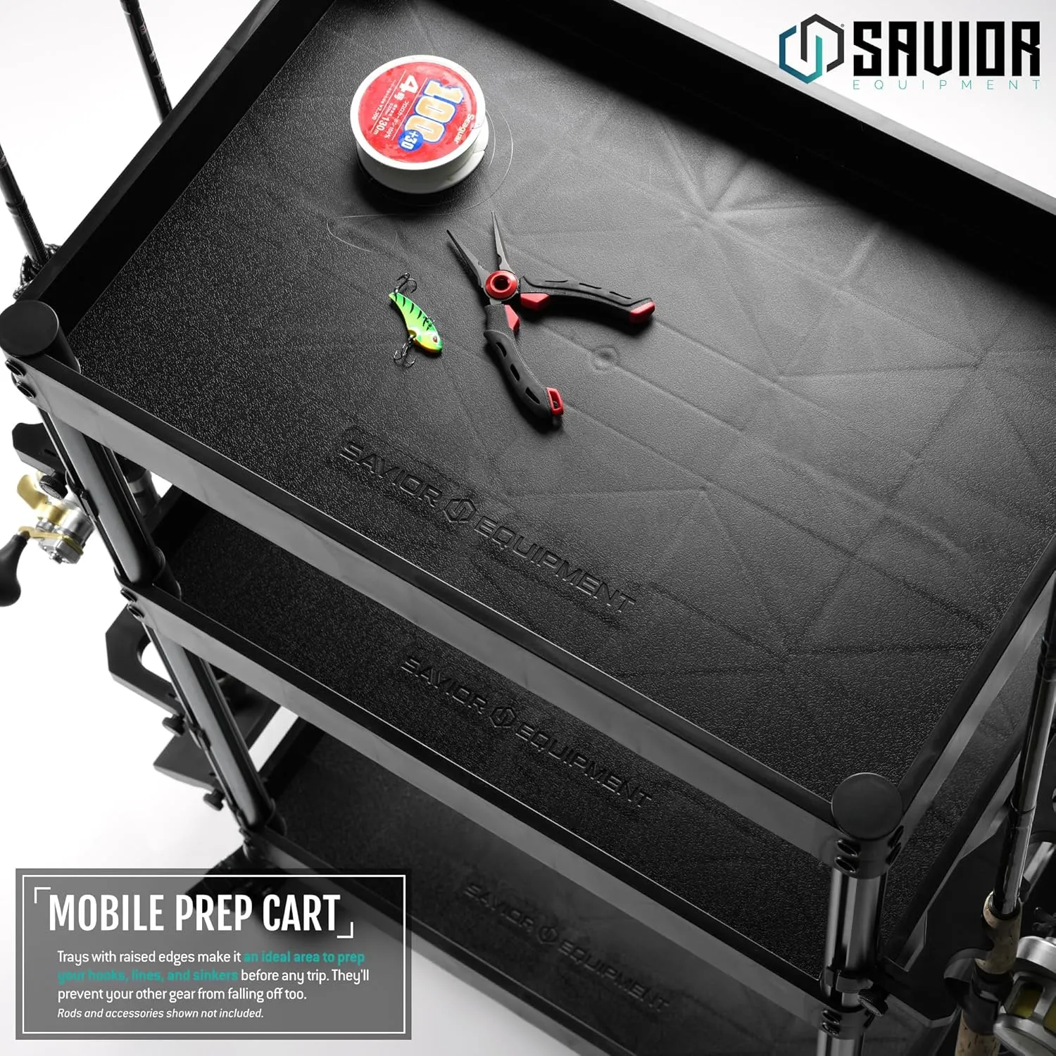 Savior Equipment Mobile Tackle Station 16 Fishing Rod Holder Cart w/Wheels, Adjustable Rack for Different Rod & Reel, 3-Level Fishing Gear Storage Pole Organizer for Garage Home Indoor Use