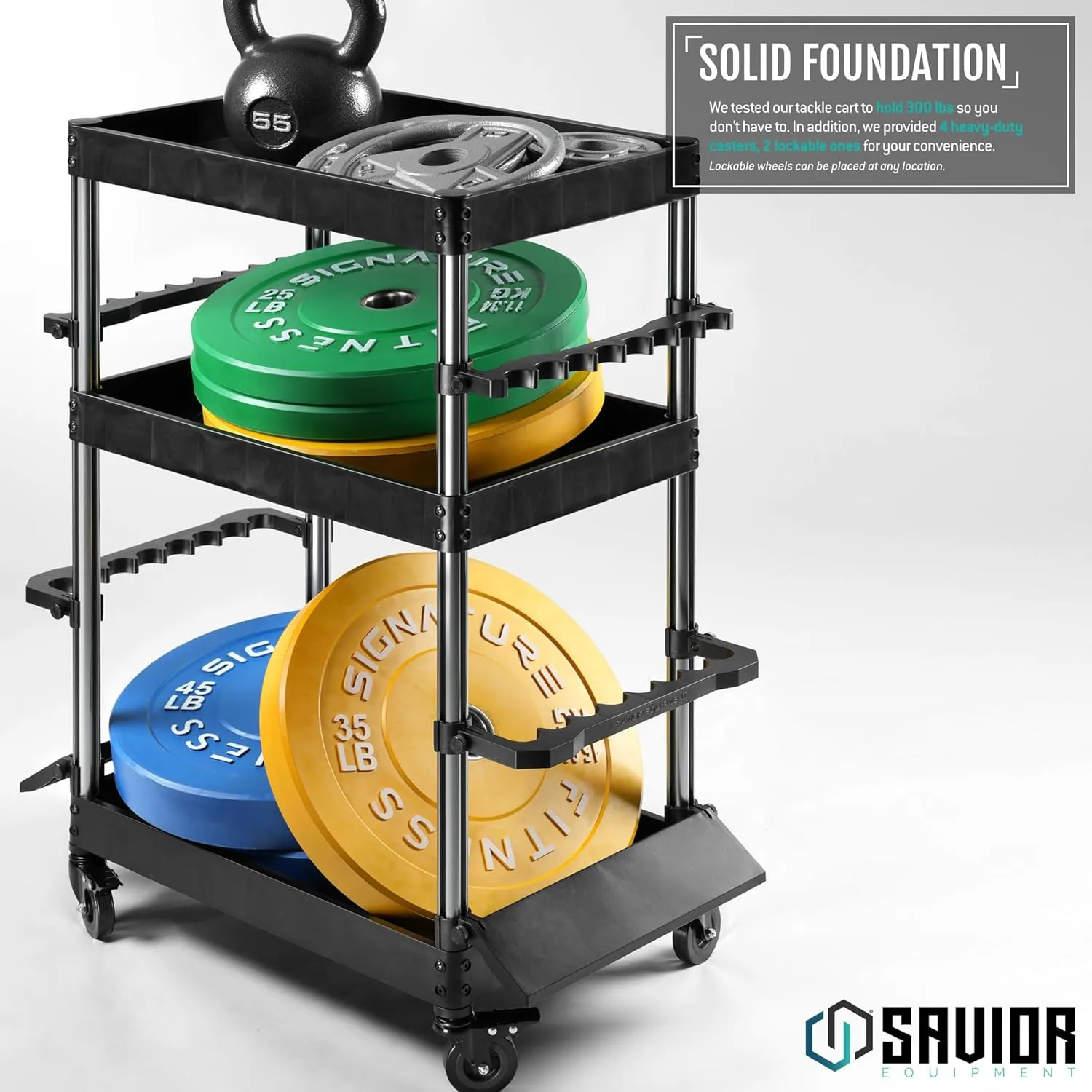 Savior Equipment Mobile Tackle Station 16 Fishing Rod Holder Cart w/Wheels, Adjustable Rack for Different Rod & Reel, 3-Level Fishing Gear Storage Pole Organizer for Garage Home Indoor Use