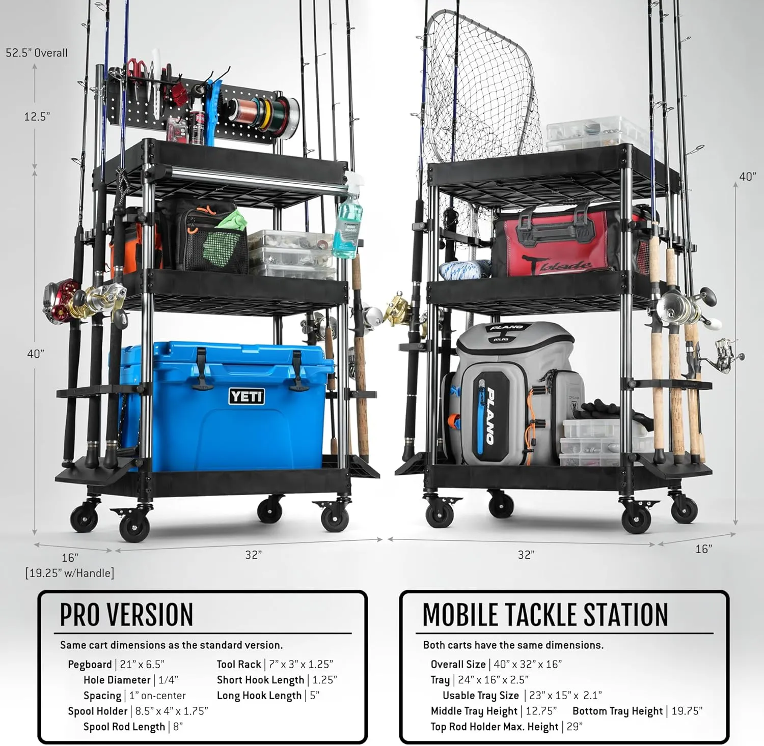 Savior Equipment Mobile Tackle Station 16 Fishing Rod Holder Cart w/Wheels, Adjustable Rack for Different Rod & Reel, 3-Level Fishing Gear Storage Pole Organizer for Garage Home Indoor Use