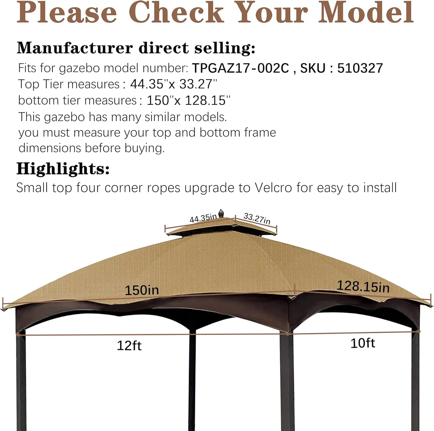 SCOCANOPY Beige Ripstop Replacement Cover for Lowe's Allen Roth 10X12 Gazebo Model #TPGAZ17-002C
