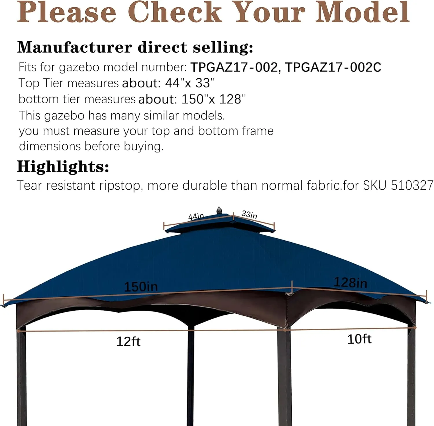 SCOCANOPY Navy Blue Ripstop Replacement Cover for Lowe's Allen Roth 10X12 Gazebo Model #TPGAZ17-002C,TPGAZ17-002
