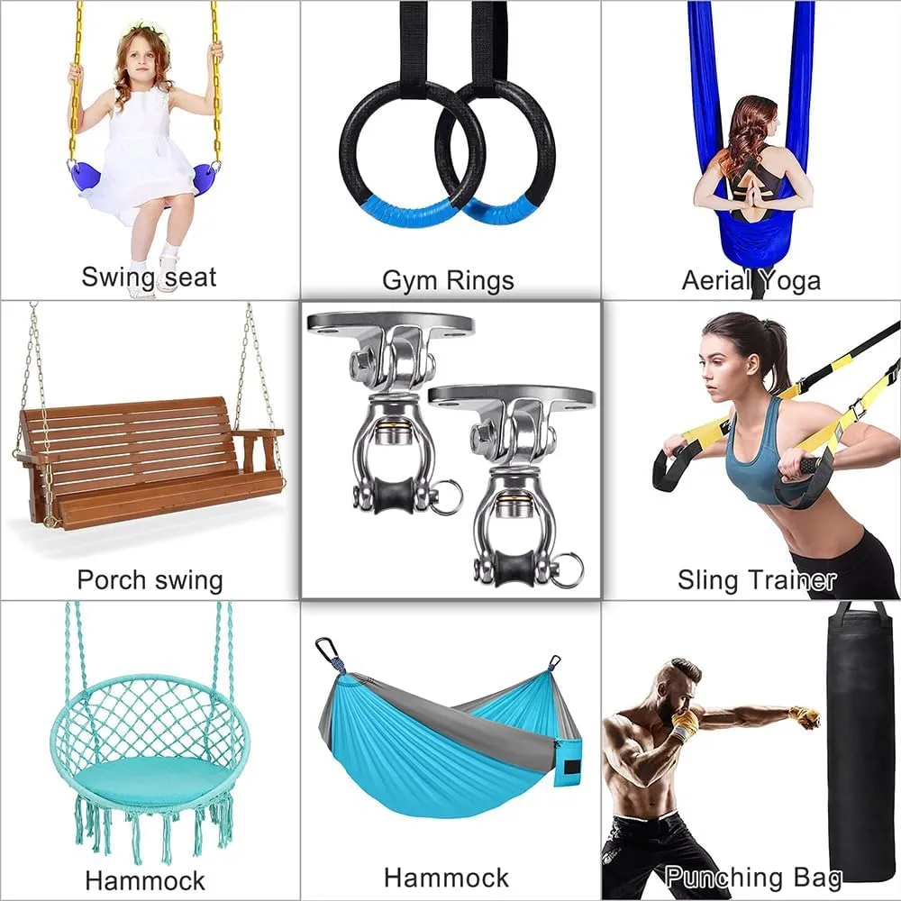 SELEWARE Silent Bearing Swivel Swing Hangers Stainless Steel Swing Hooks Ceiling Mount Swing Bracket for Aerial Yoga Silks Swing Chair Heavy Bag Swing Set Indoor Outdoor Swing 2 Pack