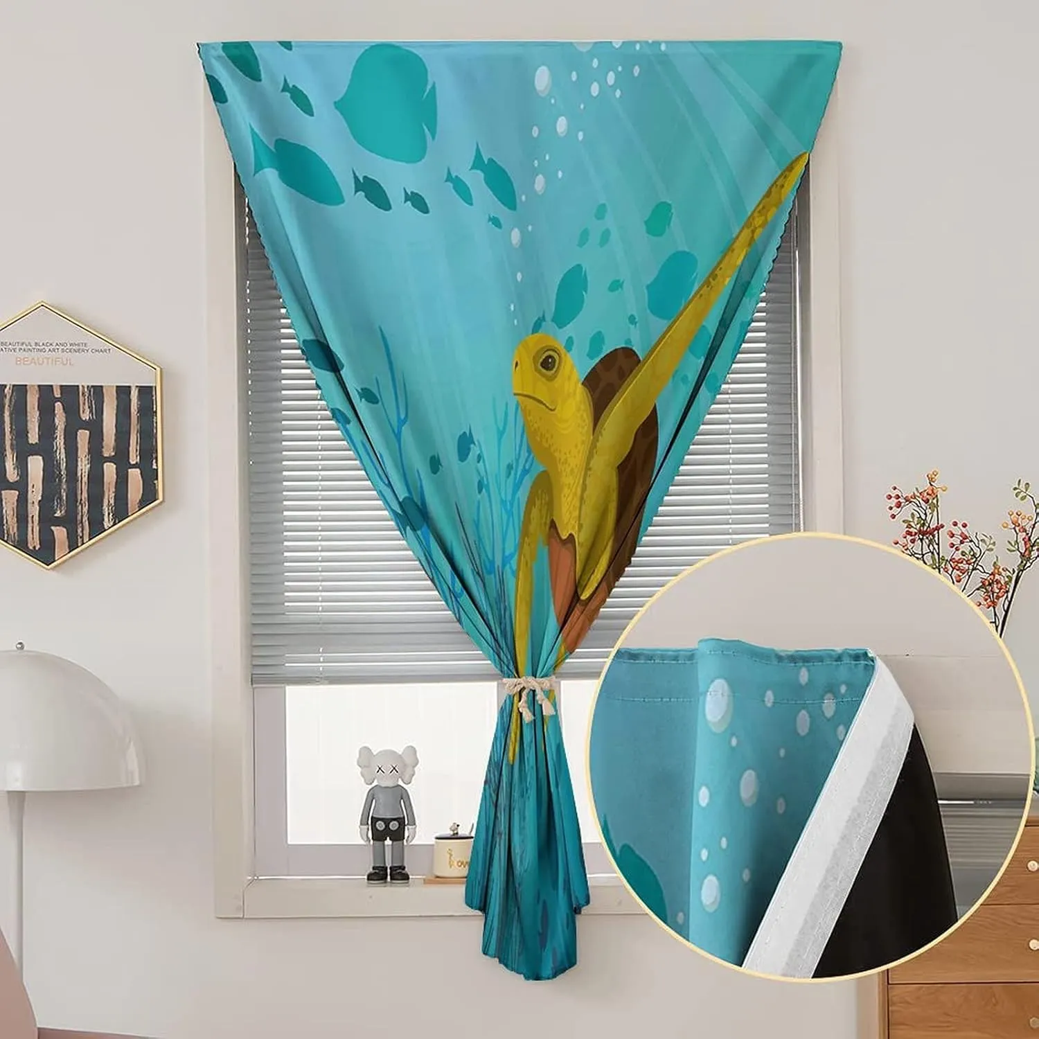 Self Adhesive Portable Blackout Curtains, Turtle Room Darkening Curtains, Cartoon Cute Animal Under the Sea Fish Sun Rays Print Temporary Blackout Blinds,24W x40L Inches, for Children Kids Bedroom