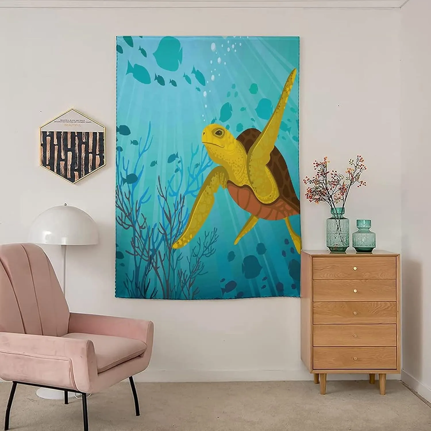 Self Adhesive Portable Blackout Curtains, Turtle Room Darkening Curtains, Cartoon Cute Animal Under the Sea Fish Sun Rays Print Temporary Blackout Blinds,24W x40L Inches, for Children Kids Bedroom