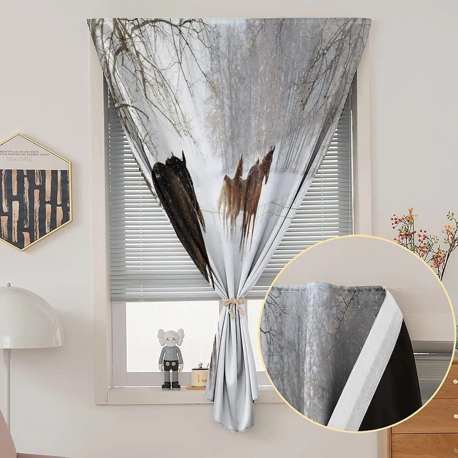 Self Adhesive Portable Blackout Curtains, Winter Room Darkening Curtains, Horses in the Snow Playing Having Seasonal Animal Photo Print Temporary Blackout Blinds,47W x63L Inches, for Bathroom Bedroom