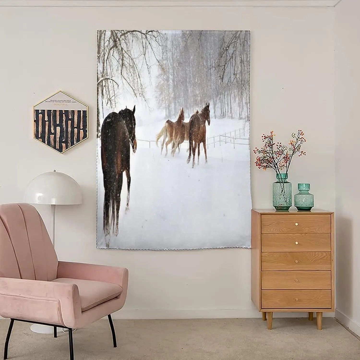 Self Adhesive Portable Blackout Curtains, Winter Room Darkening Curtains, Horses in the Snow Playing Having Seasonal Animal Photo Print Temporary Blackout Blinds,47W x63L Inches, for Bathroom Bedroom