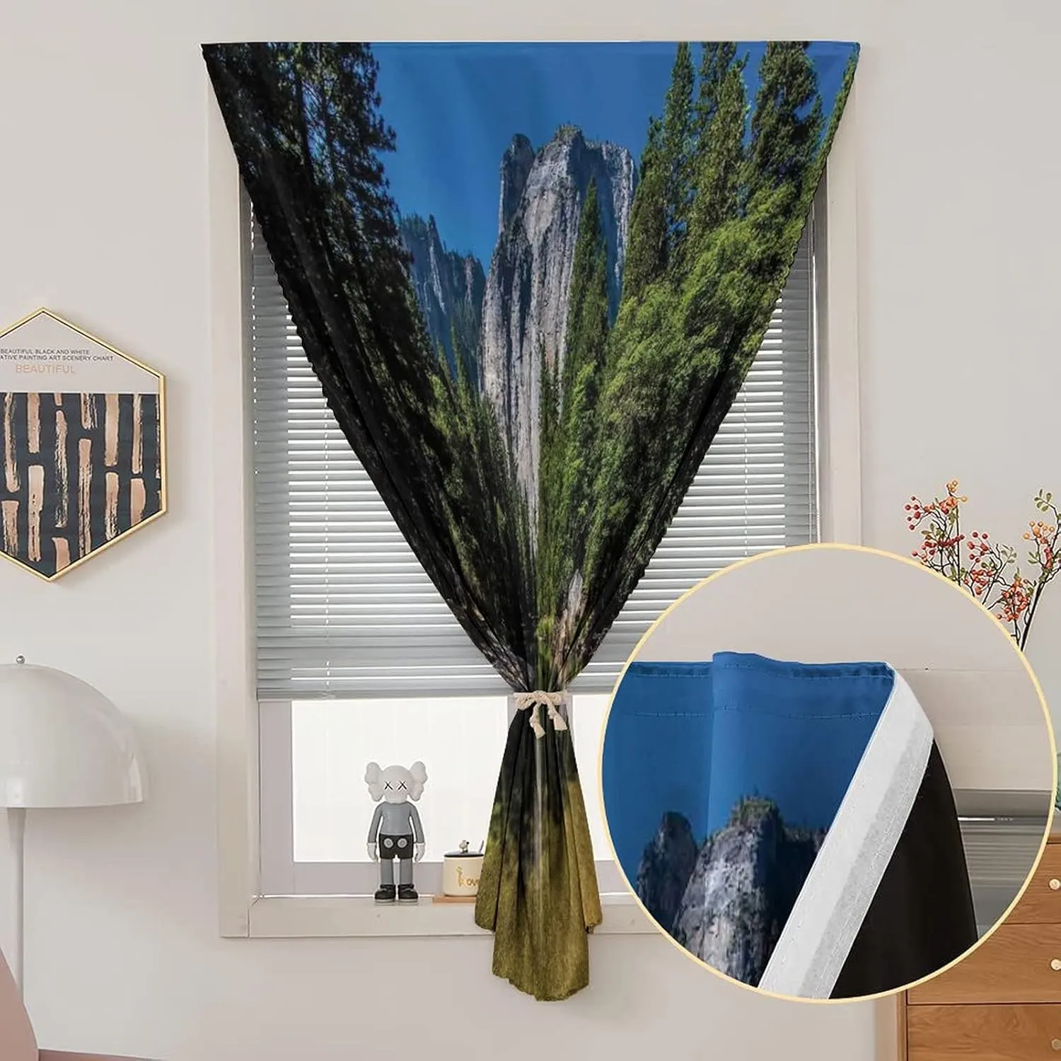 Self Adhesive Portable Blackout Curtains, Yosemite Room Darkening Curtains, Large Granite Cliff Surrounded by Trees Print Temporary Blackout Blinds,47W x54L Inches, for Bathroom Living Room Bedroom