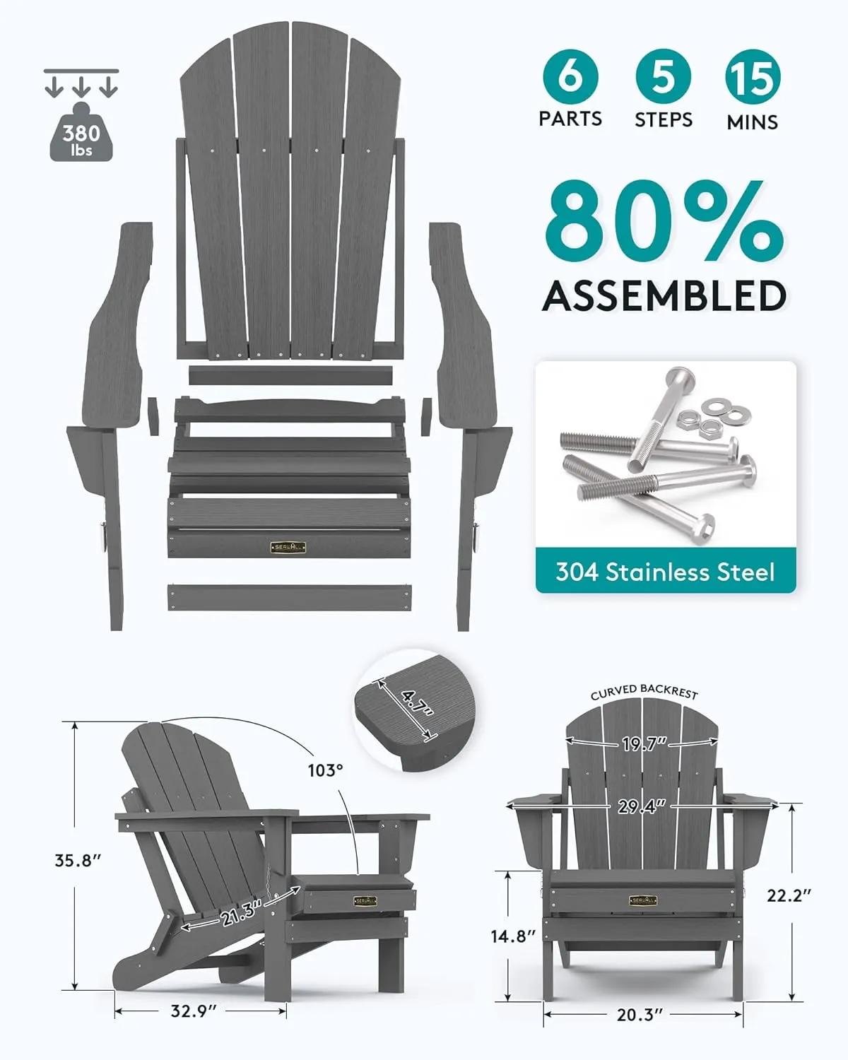 SERWALL Adirondack Chair for Patio Garden Outdoors Fire Pit- (Folding Gray)