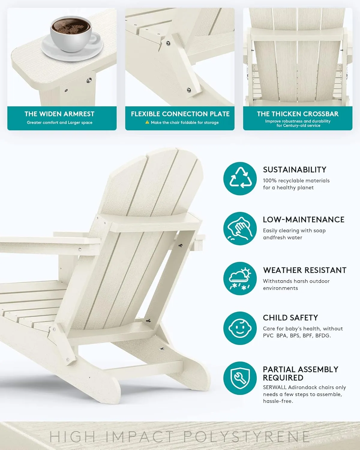 SERWALL Folding Adirondack Chair - HIPS Adirondack Chairs Outdoor Chairs Weather Resistant- White