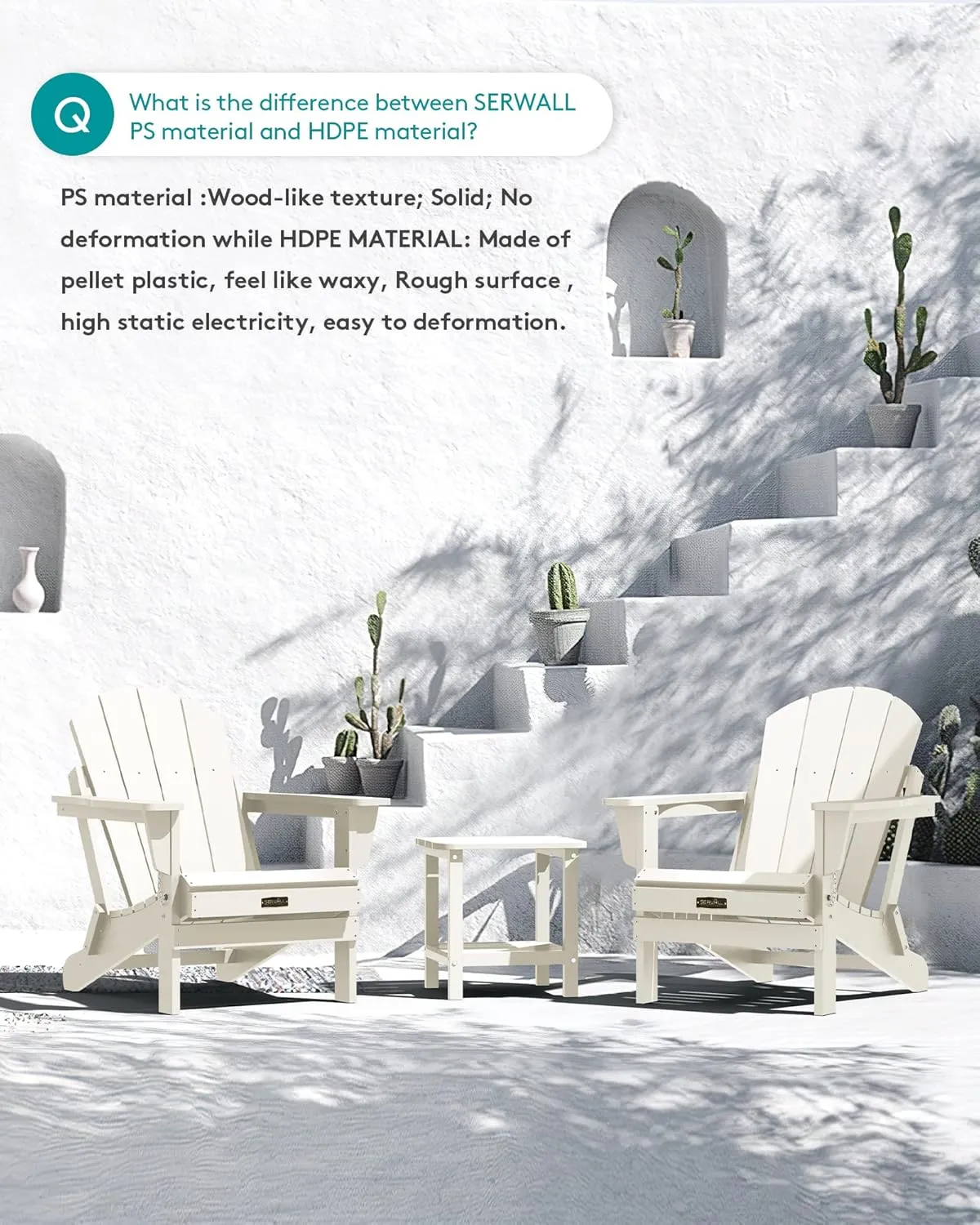 SERWALL Folding Adirondack Chair - HIPS Adirondack Chairs Outdoor Chairs Weather Resistant- White