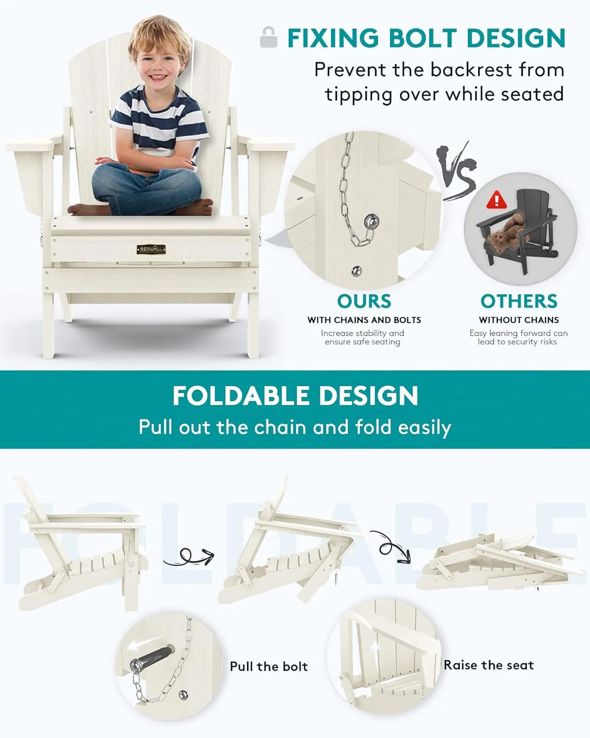 SERWALL Folding Adirondack Chair - HIPS Adirondack Chairs Outdoor Chairs Weather Resistant- White