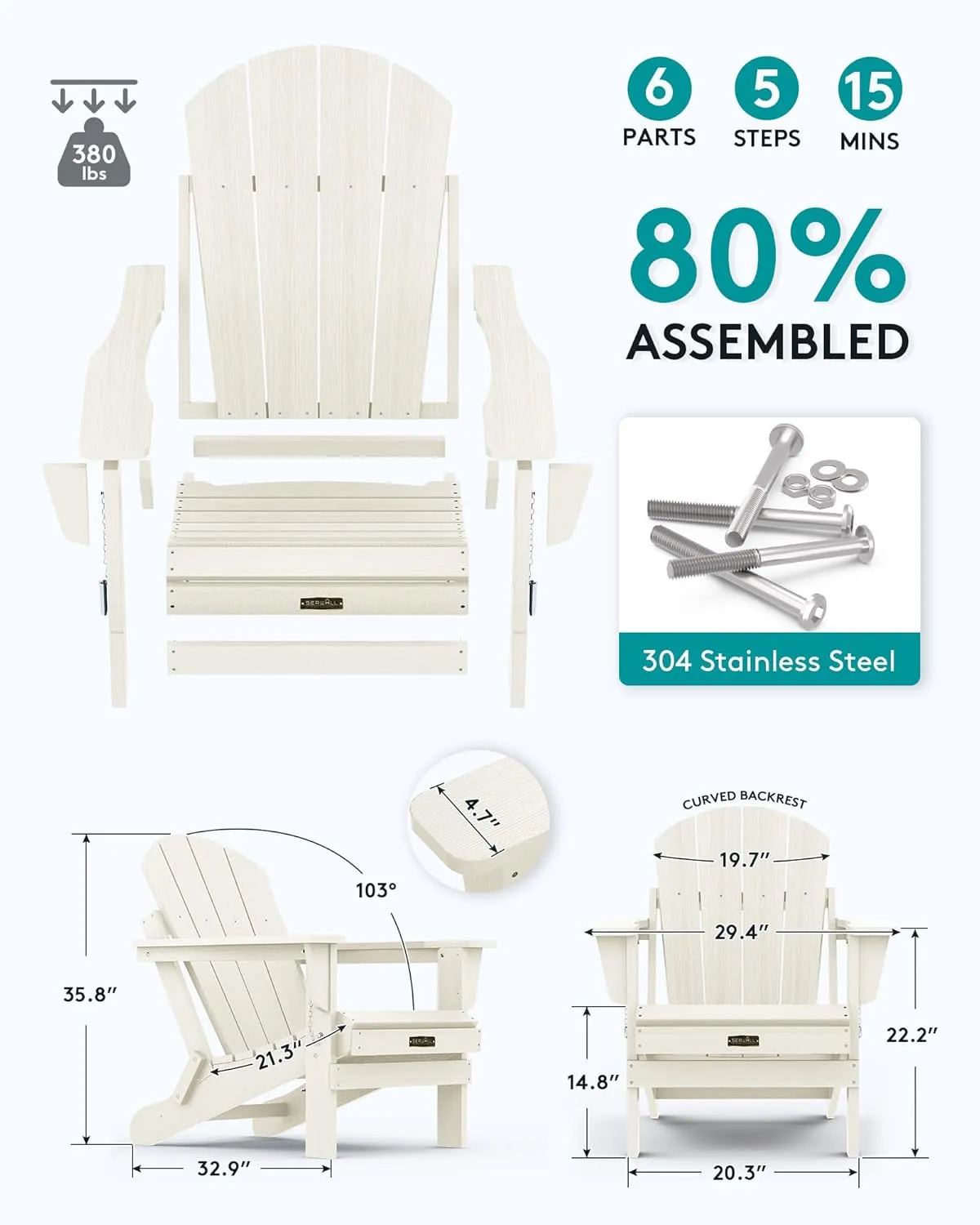 SERWALL Folding Adirondack Chair - HIPS Adirondack Chairs Outdoor Chairs Weather Resistant- White