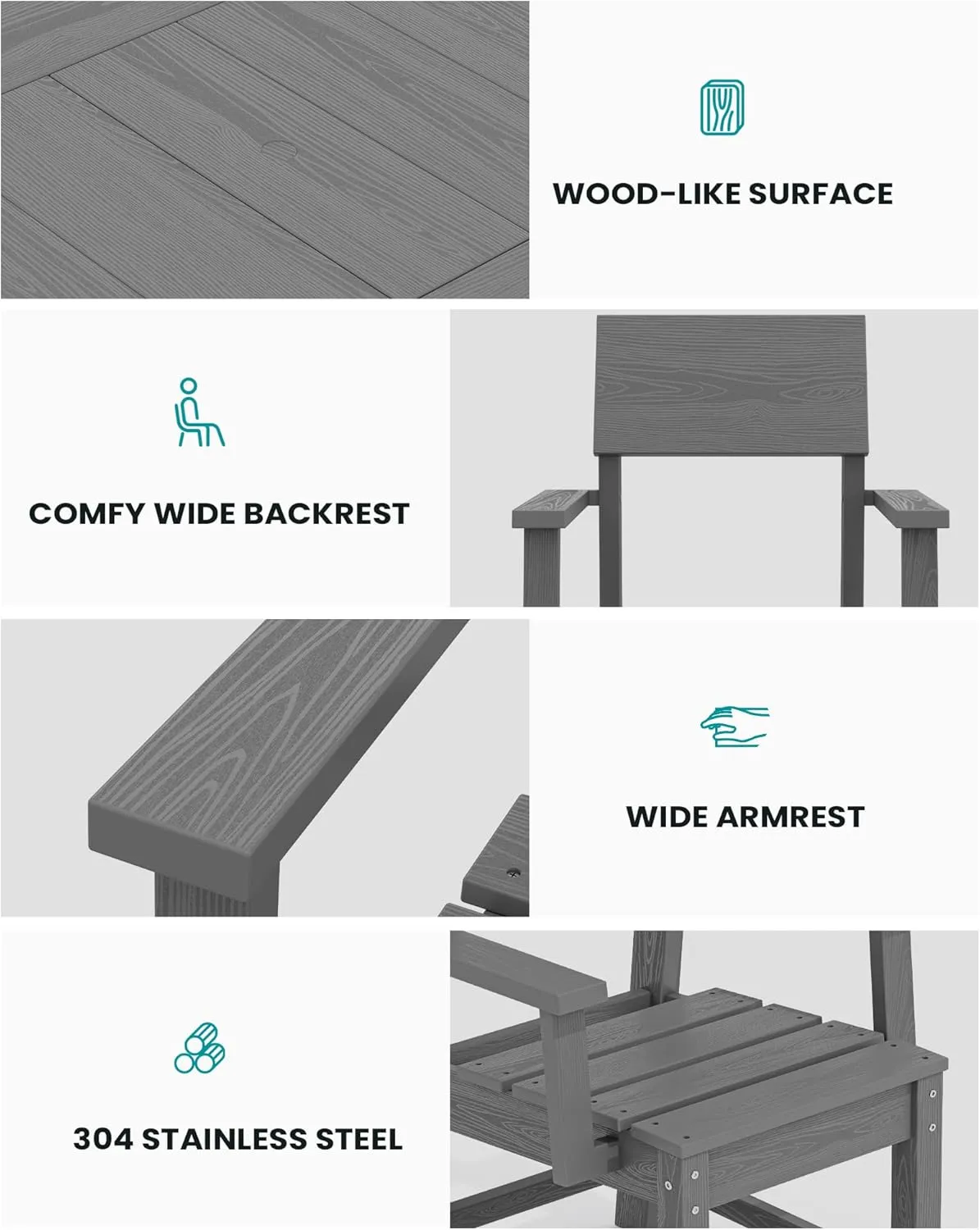 SERWALL HDPE Outdoor Dining Set, Patio Table and Chairs Set All Weather Patio Dining Set for 4, 5-Piece Patio Dining Furniture for Deck, Garden, Backyard, Gray