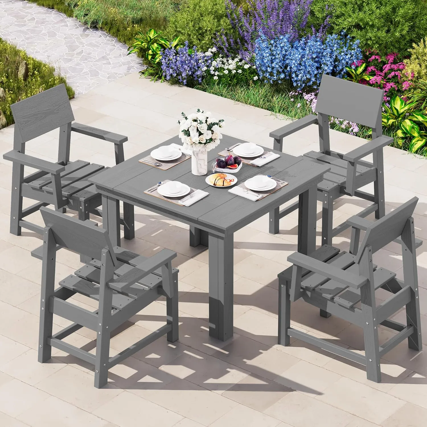 SERWALL HDPE Outdoor Dining Set, Patio Table and Chairs Set All Weather Patio Dining Set for 4, 5-Piece Patio Dining Furniture for Deck, Garden, Backyard, Gray