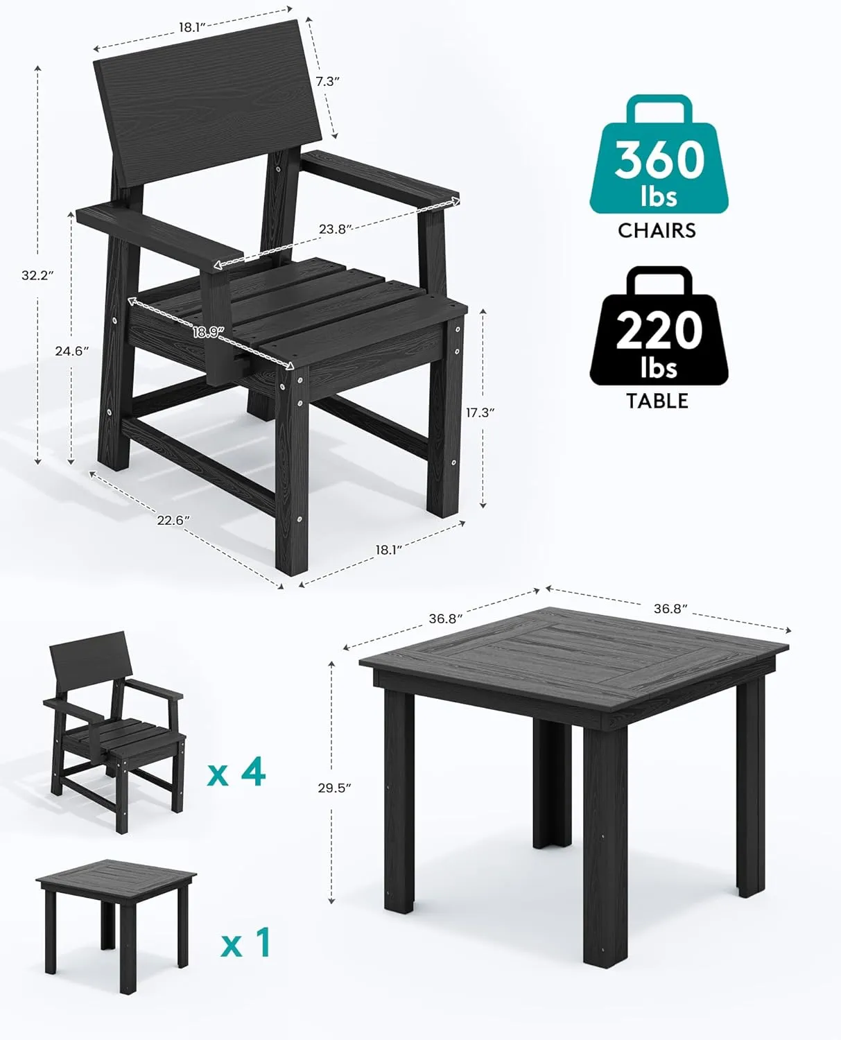 SERWALL HDPE Outdoor Dining Set, Square Table and Chairs Set All Weather Patio Dining Set, 5-Piece Patio Dining Furniture for Deck, Garden, Backyard, Black