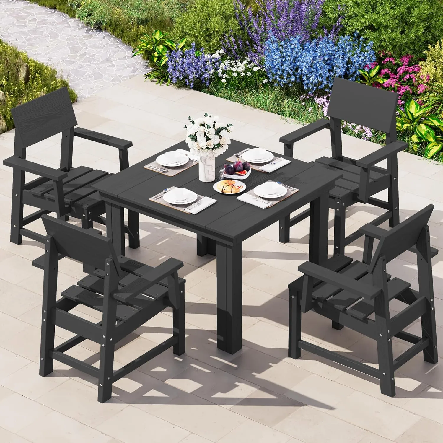 SERWALL HDPE Outdoor Dining Set, Square Table and Chairs Set All Weather Patio Dining Set, 5-Piece Patio Dining Furniture for Deck, Garden, Backyard, Black
