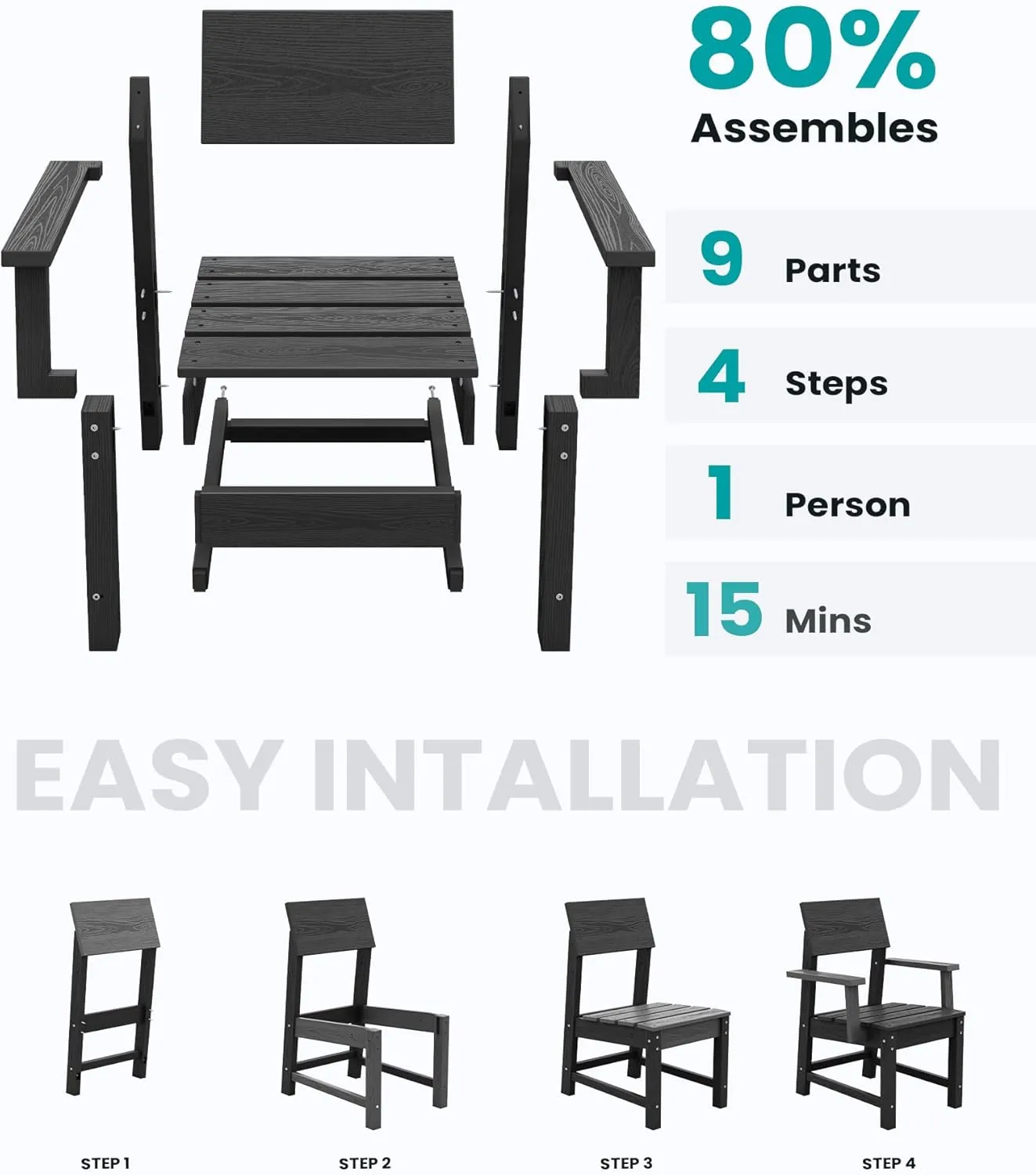 SERWALL HDPE Outdoor Dining Set, Square Table and Chairs Set All Weather Patio Dining Set, 5-Piece Patio Dining Furniture for Deck, Garden, Backyard, Black