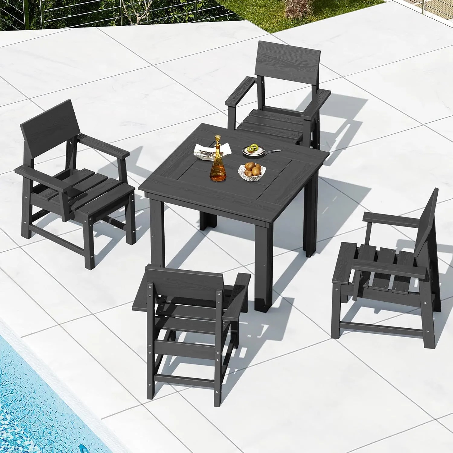 SERWALL HDPE Outdoor Dining Set, Square Table and Chairs Set All Weather Patio Dining Set, 5-Piece Patio Dining Furniture for Deck, Garden, Backyard, Black