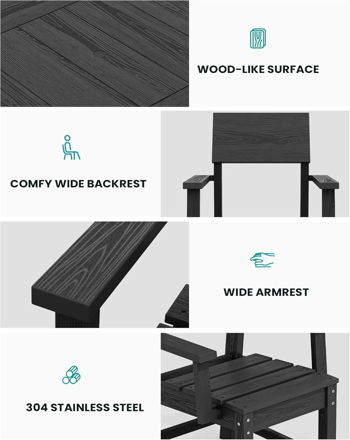 SERWALL HDPE Outdoor Dining Set, Square Table and Chairs Set All Weather Patio Dining Set, 5-Piece Patio Dining Furniture for Deck, Garden, Backyard, Black