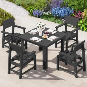 SERWALL HDPE Outdoor Dining Set, Square Table and Chairs Set All Weather Patio Dining Set, 5-Piece Patio Dining Furniture for Deck, Garden, Backyard, Black