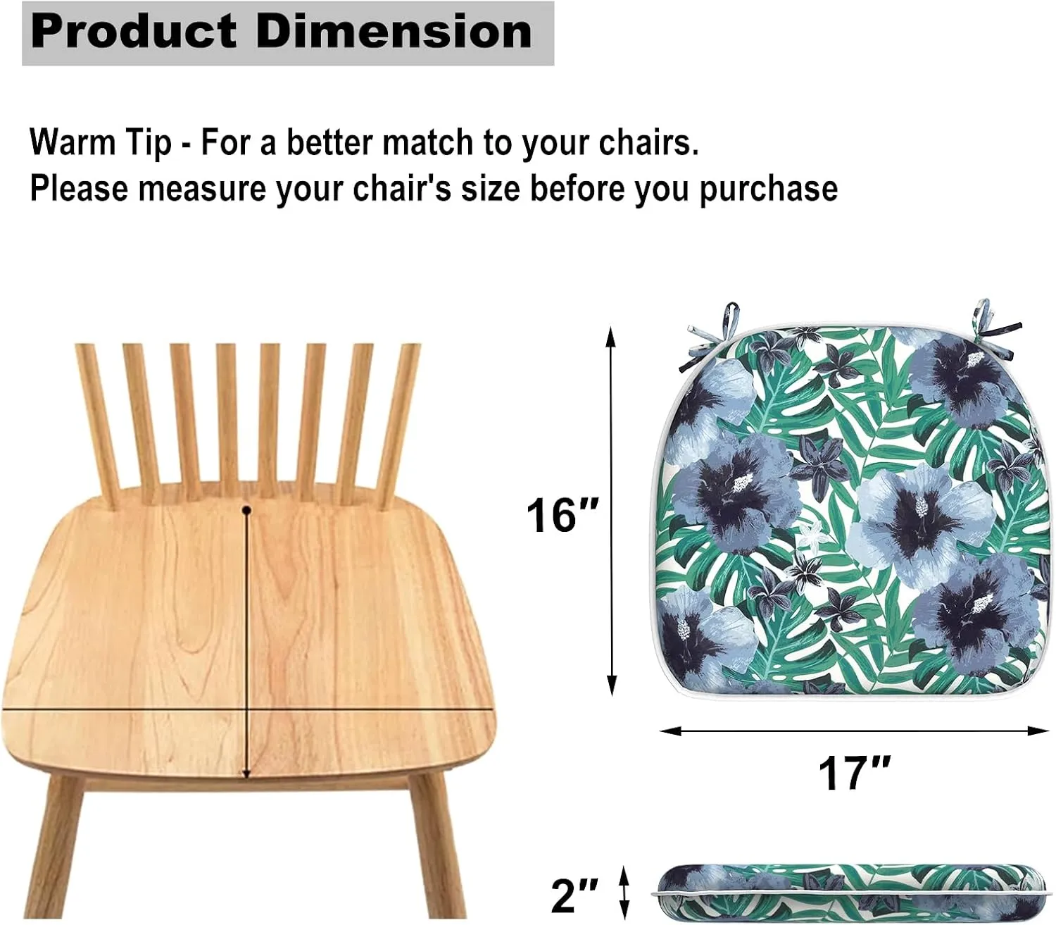 Set of 2 Outdoor Chair Cushions with Ties,Water Repellent Patio Chair Pads 17"x 16" for Outdoor Furniture,Round Corner Seat Cushions for Garden Yard Kitchen Blue Salmone Tropical