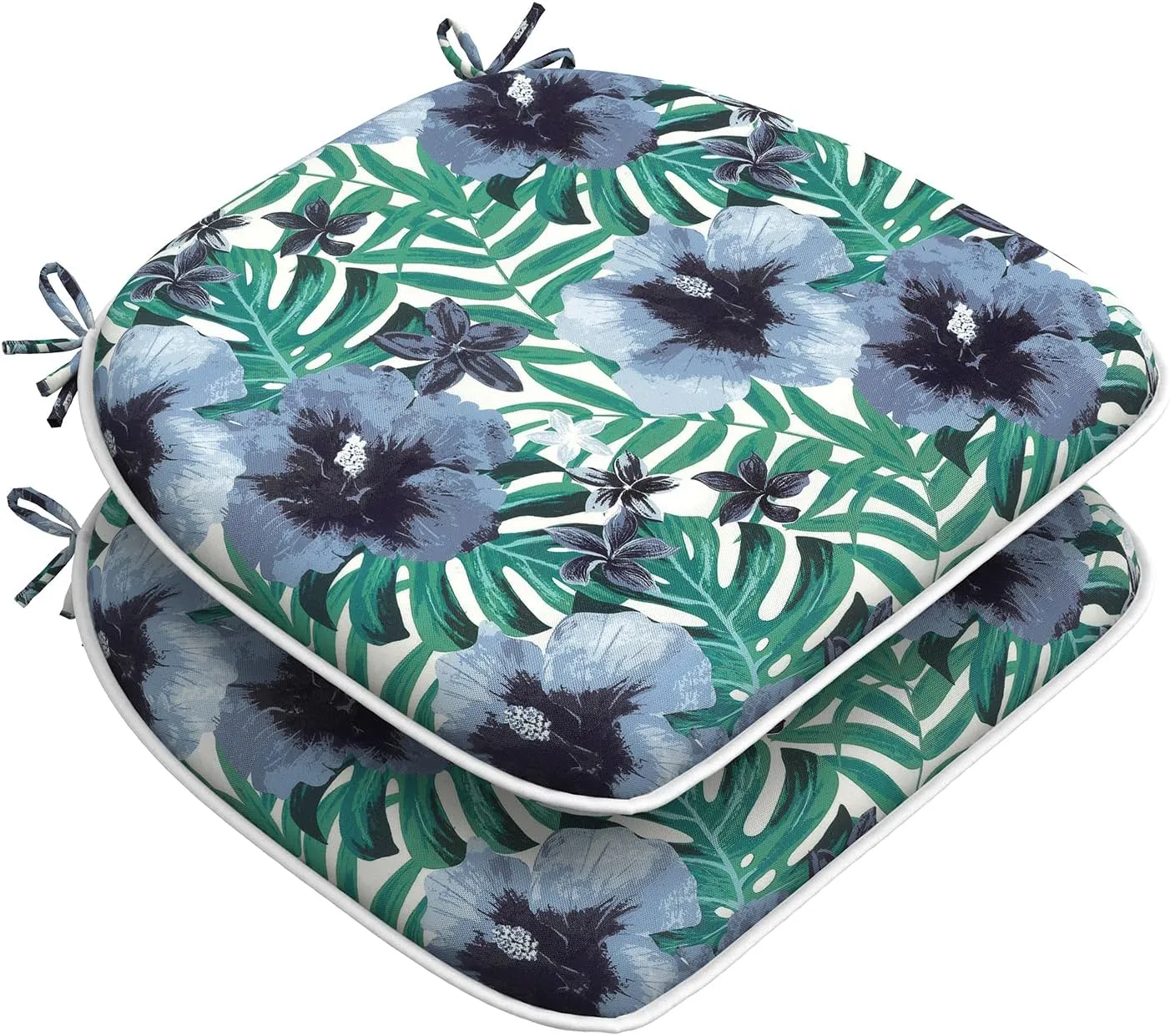 Set of 2 Outdoor Chair Cushions with Ties,Water Repellent Patio Chair Pads 17"x 16" for Outdoor Furniture,Round Corner Seat Cushions for Garden Yard Kitchen Blue Salmone Tropical