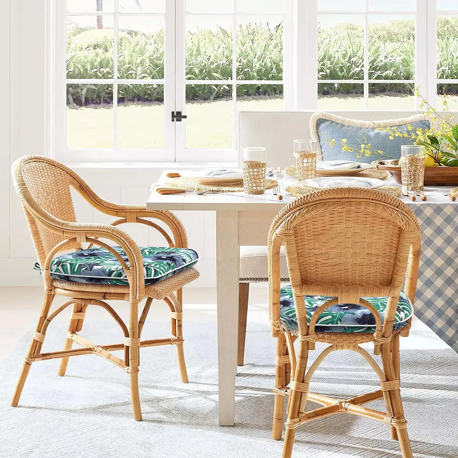 Set of 2 Outdoor Chair Cushions with Ties,Water Repellent Patio Chair Pads 17"x 16" for Outdoor Furniture,Round Corner Seat Cushions for Garden Yard Kitchen Blue Salmone Tropical