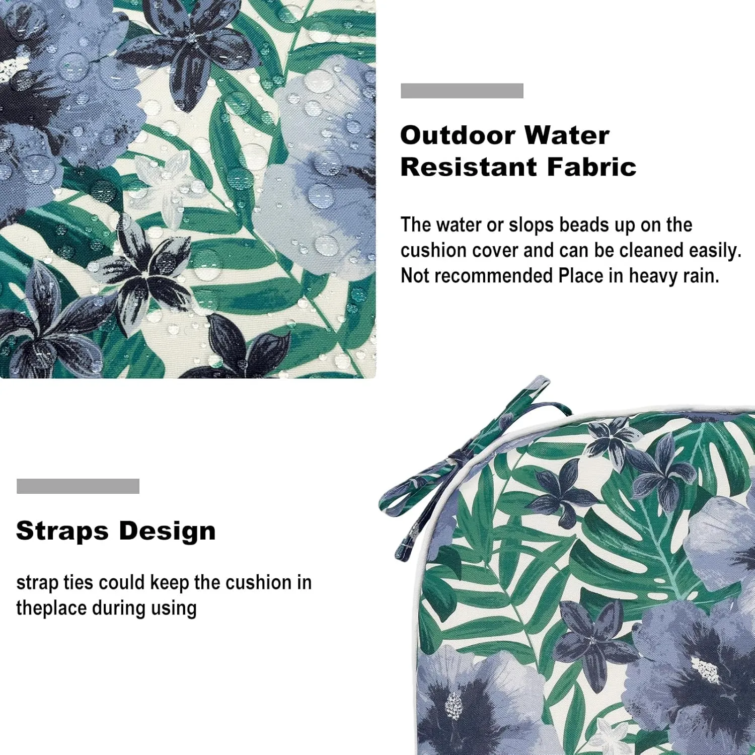 Set of 2 Outdoor Chair Cushions with Ties,Water Repellent Patio Chair Pads 17"x 16" for Outdoor Furniture,Round Corner Seat Cushions for Garden Yard Kitchen Blue Salmone Tropical