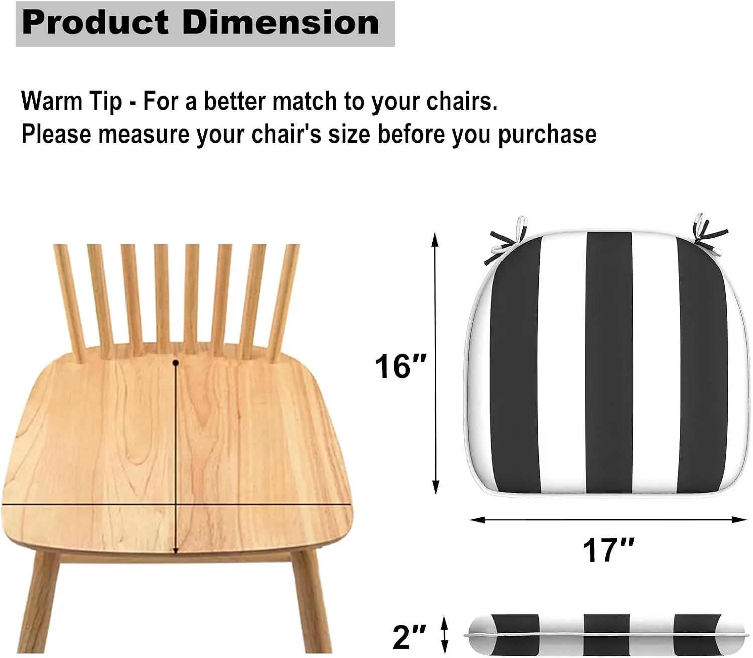 Set of 2 Outdoor Chair Cushions with Ties,Water Repellent Patio Chair Pads 17"x 16" for Outdoor Furniture,Round Corner Seat Cushions for Garden Yard Kitchen Cabana Black