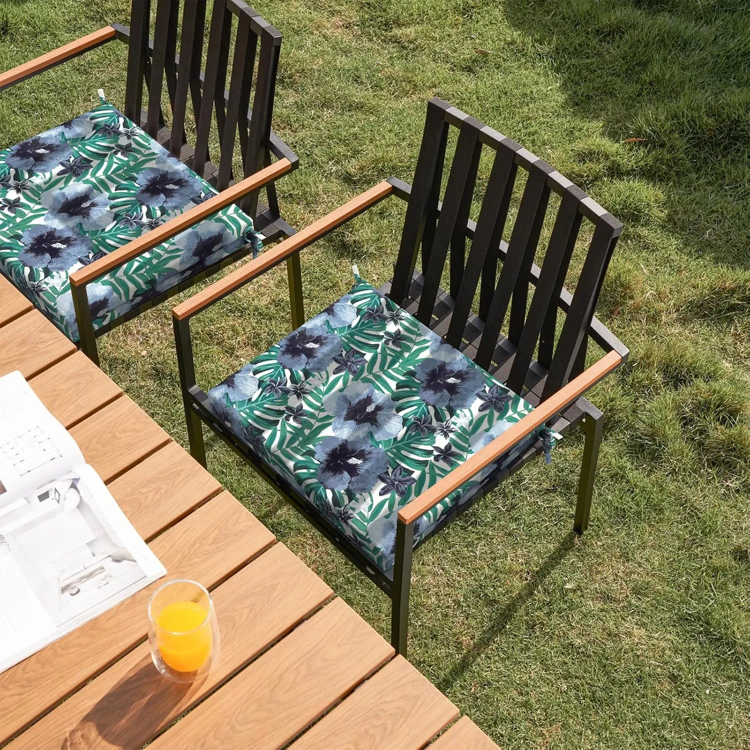 Set of 2 Outdoor Square Chair Cushions 18.5"x16"x2" for Patio, Water Resistant Patio Dining Seat Pads Replacement for Kitchen Garden and Outdoor Furniture Decoration - Blue Salmone Tropical