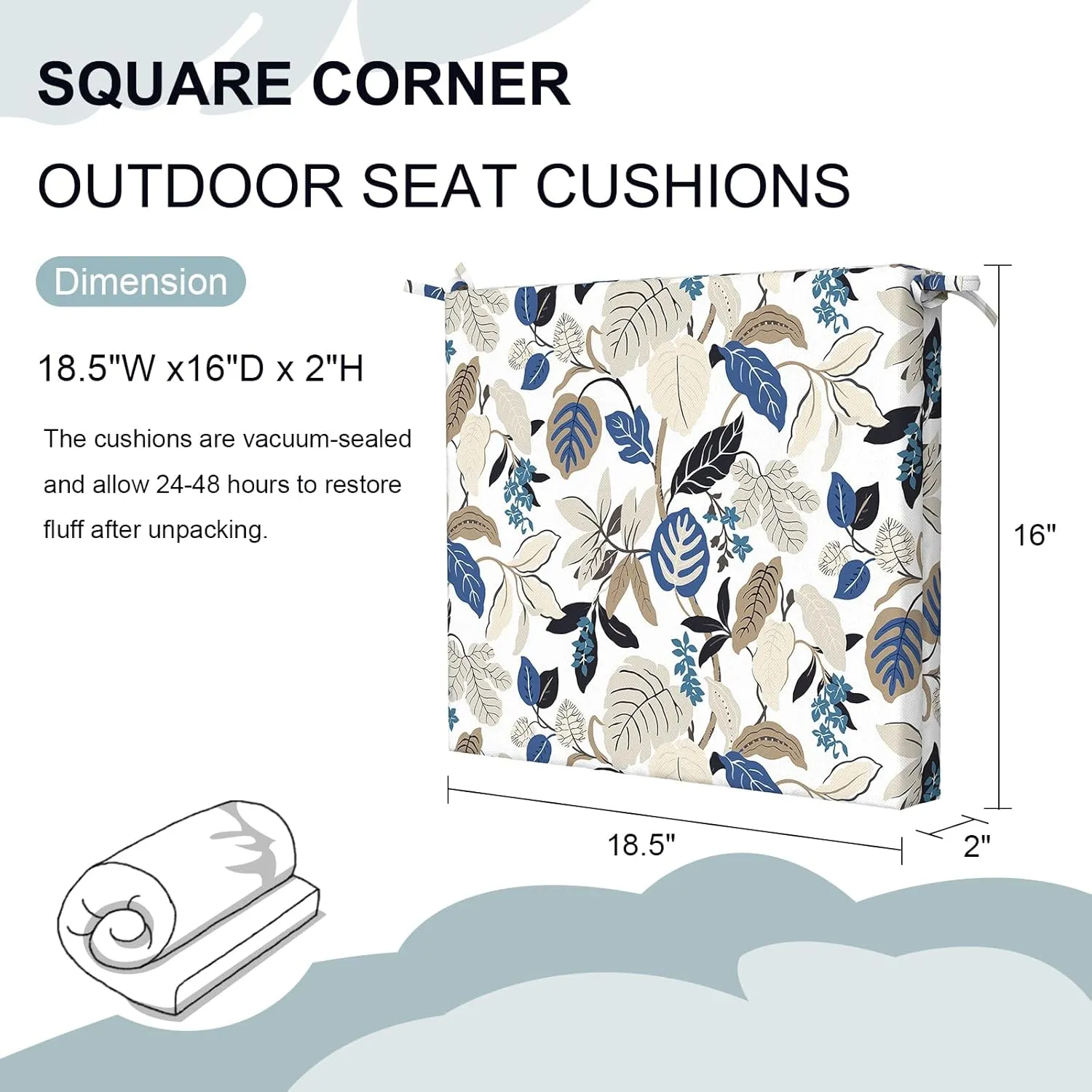 Set of 2 Outdoor Square Chair Cushions 18.5"x16"x2" for Patio, Water Resistant Patio Dining Seat Pads Replacement for Kitchen Garden and Outdoor Furniture Decoration - Breeze Leaves Beige