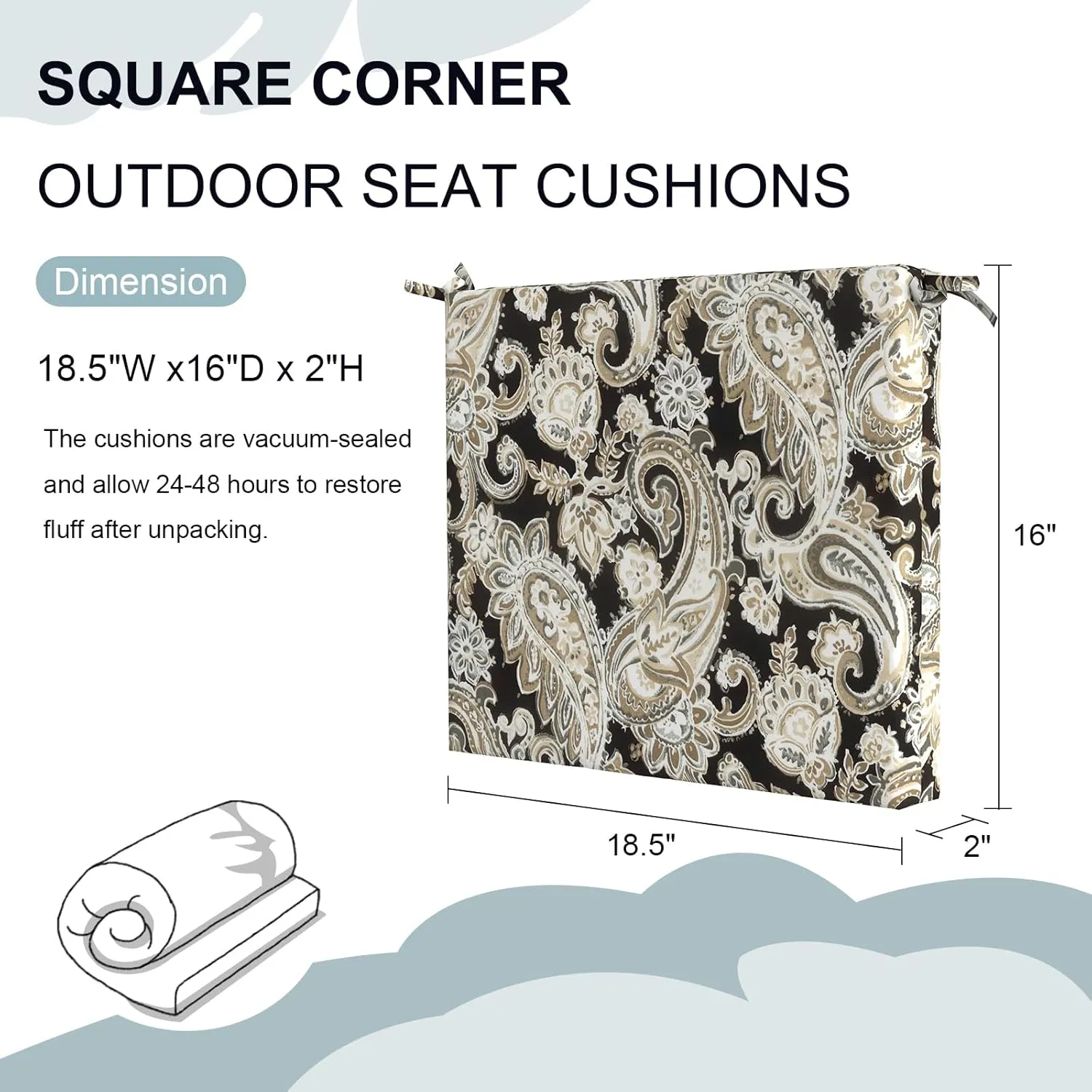Set of 2 Outdoor Square Chair Cushions 18.5"x16"x2" for Patio, Water Resistant Patio Dining Seat Pads Replacement for Kitchen Garden and Outdoor Furniture Decoration - Paisley Black