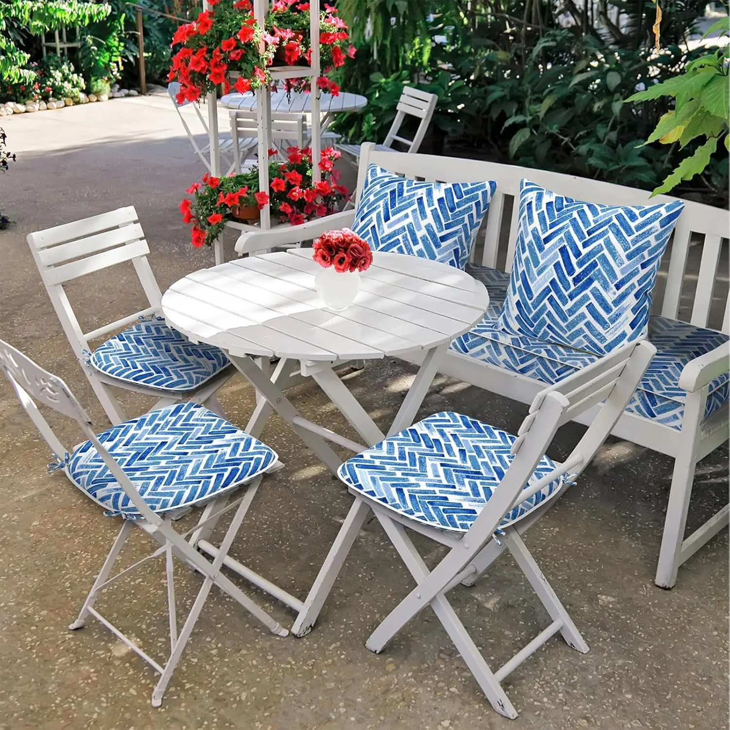 Set of 4 Outdoor Chair Cushions with Ties,Water Repellent Patio Chair Pads 17"x 16" for Outdoor Furniture,Round Corner Seat Cushions for Garden Yard Kitchen Blue Bricks