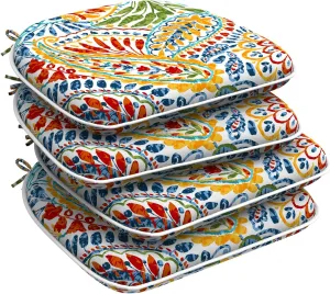 Set of 4 Outdoor Chair Cushions with Ties,Water Repellent Patio Chair Pads 17"x 16" for Outdoor Furniture,Round Corner Seat Cushions for Garden Yard Kitchen Paisley Multi