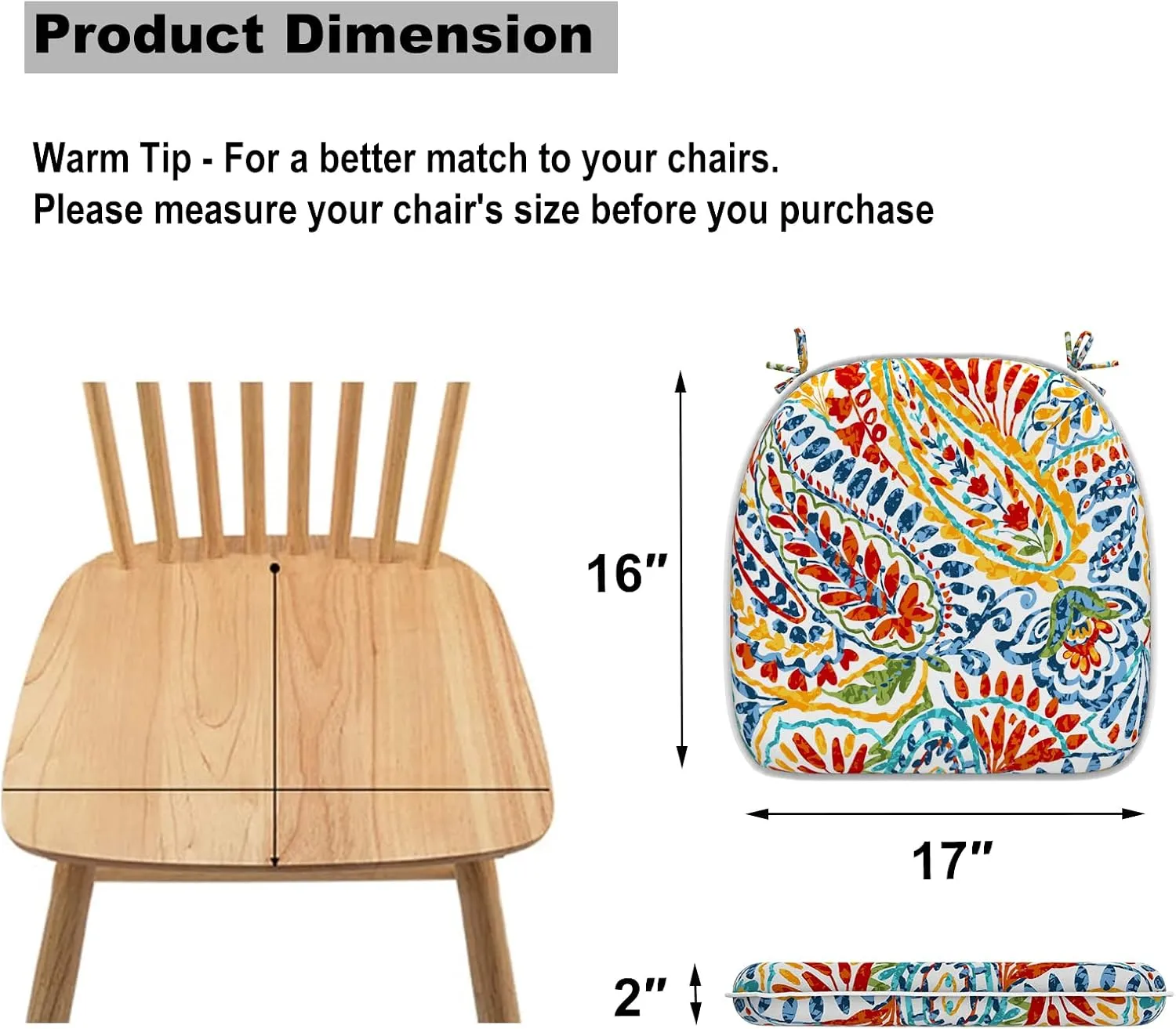 Set of 4 Outdoor Chair Cushions with Ties,Water Repellent Patio Chair Pads 17"x 16" for Outdoor Furniture,Round Corner Seat Cushions for Garden Yard Kitchen Paisley Multi