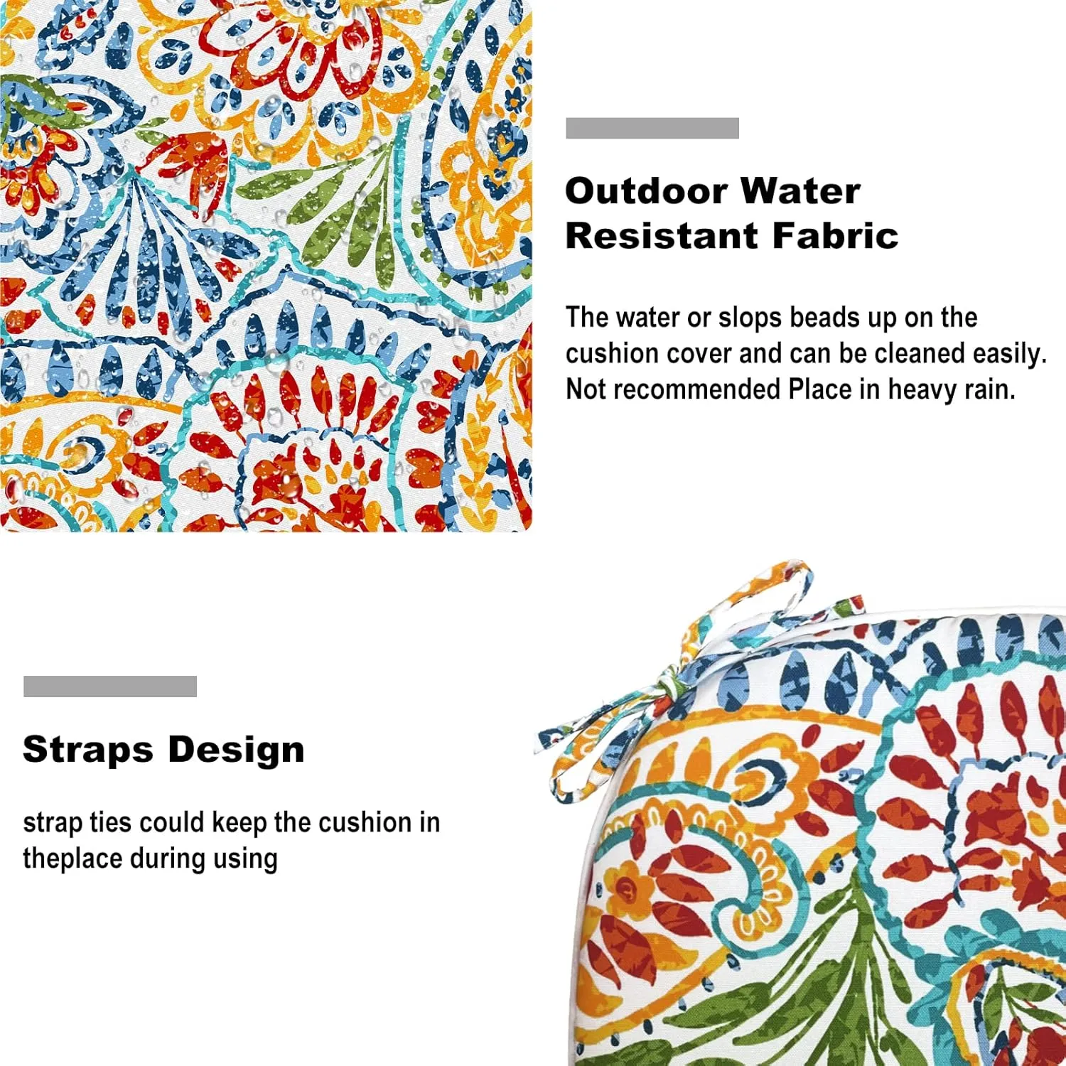Set of 4 Outdoor Chair Cushions with Ties,Water Repellent Patio Chair Pads 17"x 16" for Outdoor Furniture,Round Corner Seat Cushions for Garden Yard Kitchen Paisley Multi