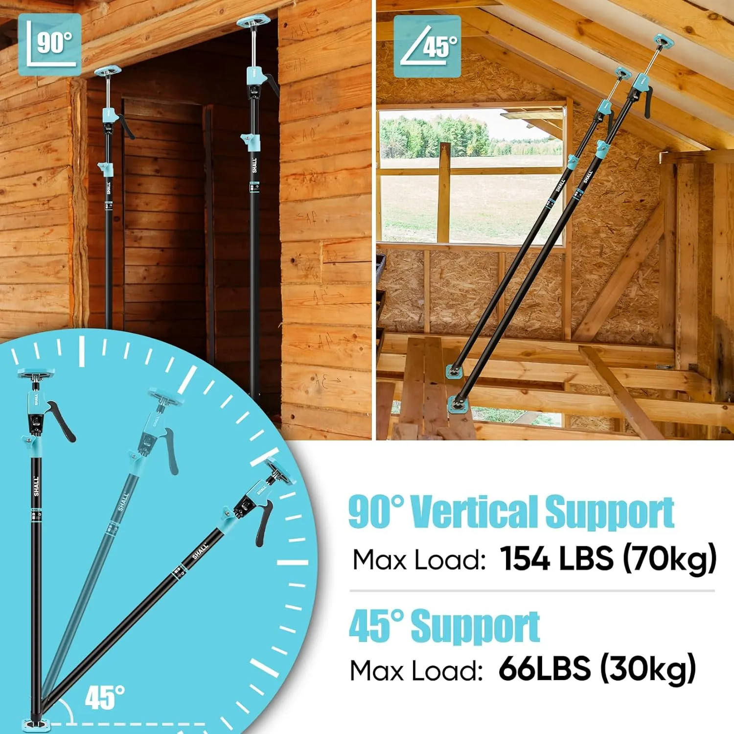 SHALL Cabinet Jack Support Pole, 54-114 in Steel Telescopic Quick Support System Rod, Adjustable 3rd Hand Tool with 154lbs Capacity for Lifting Drywall Cabinet Cargo Bars, 2 Pack w/Storage Bag