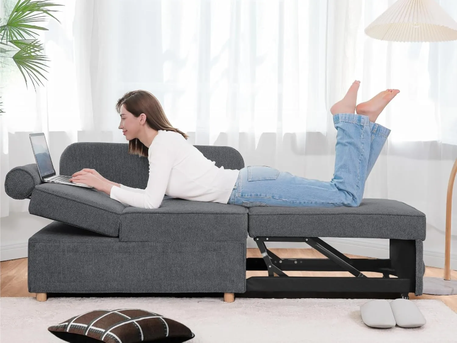 Sleeper Sofa Bed 4-in-1 Convertible Couch, Linen Fabric Love seat Couch with 2 Throw Pillow, Single Recliner for Small Space with 5 Adjustable Angles Backrest