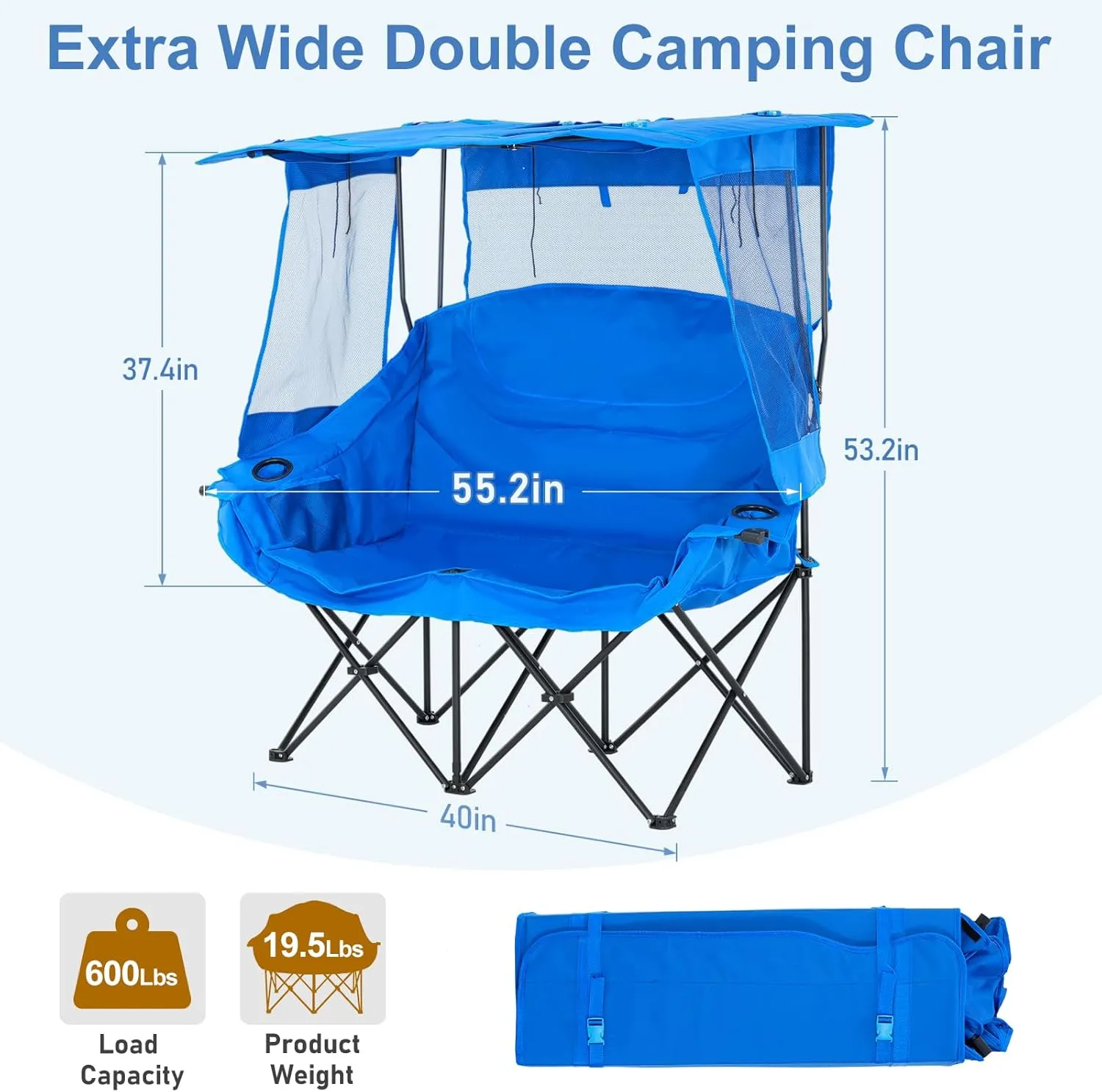 Slsy Double Beach Chair with Canopy Shade, Oversized Folding Loveseat with Cup Holder & Side Pocket for Camping, Beach, Lawn, Fishing