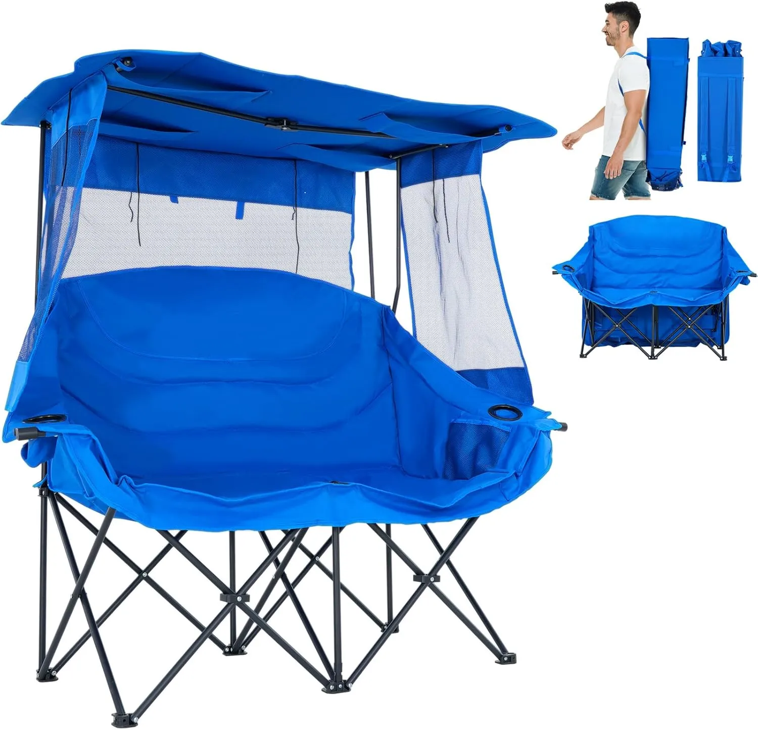 Slsy Double Beach Chair with Canopy Shade, Oversized Folding Loveseat with Cup Holder & Side Pocket for Camping, Beach, Lawn, Fishing